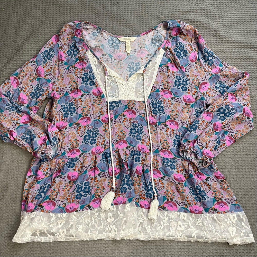 Matilda Jane Sewโ Perfect Boho Peasant Blouse Large Womens Floral Lace Tassel